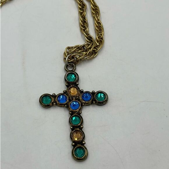 Multicolor Blue Yellow Green Multi stone Gold Tone Cross Long Pendant Necklace - Picture 2 of 8